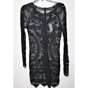 HONEY PUNCH BLACK LACE/sheer long sleeves scoop neck MINI dress LARGE